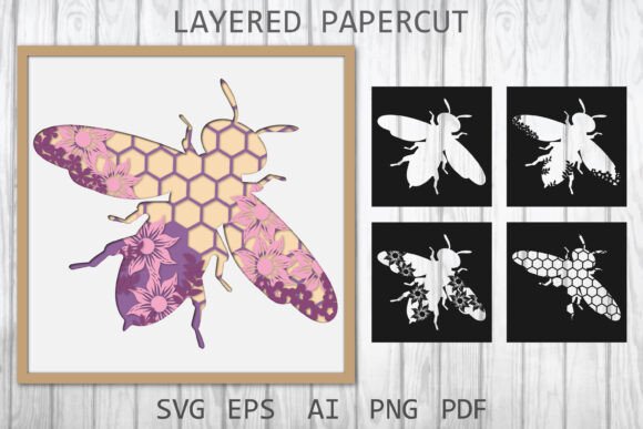 Layered Paper Cut Bee Svg: 3D SVG for Shadow Boxes